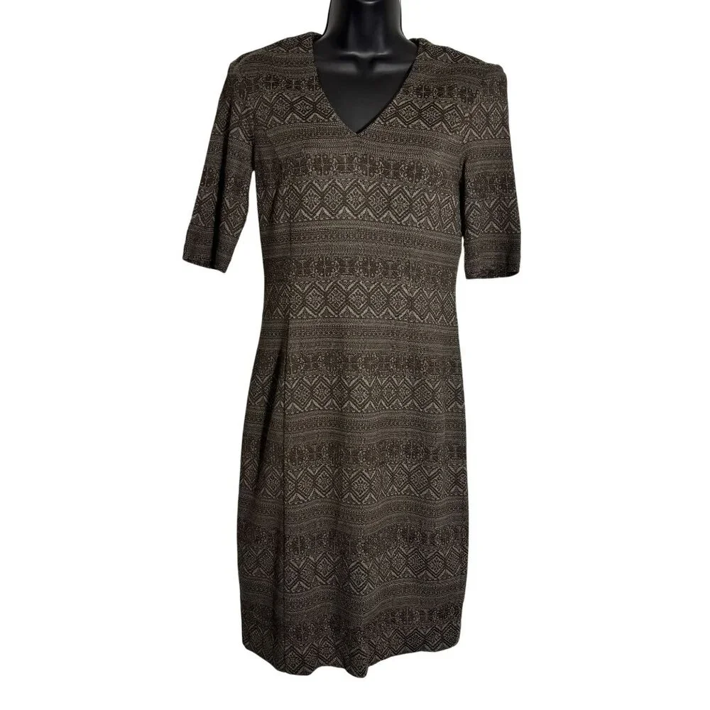 W By Worth Artsy Brown Patterned V-Neck Belted Dress Size 2 - Picture 4 of 11
